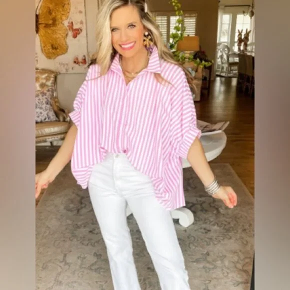 NWT A Walk in the Park Dolman Sleeve Pink|White Striped Dolman Sleeve blouse - Picture 4 of 5